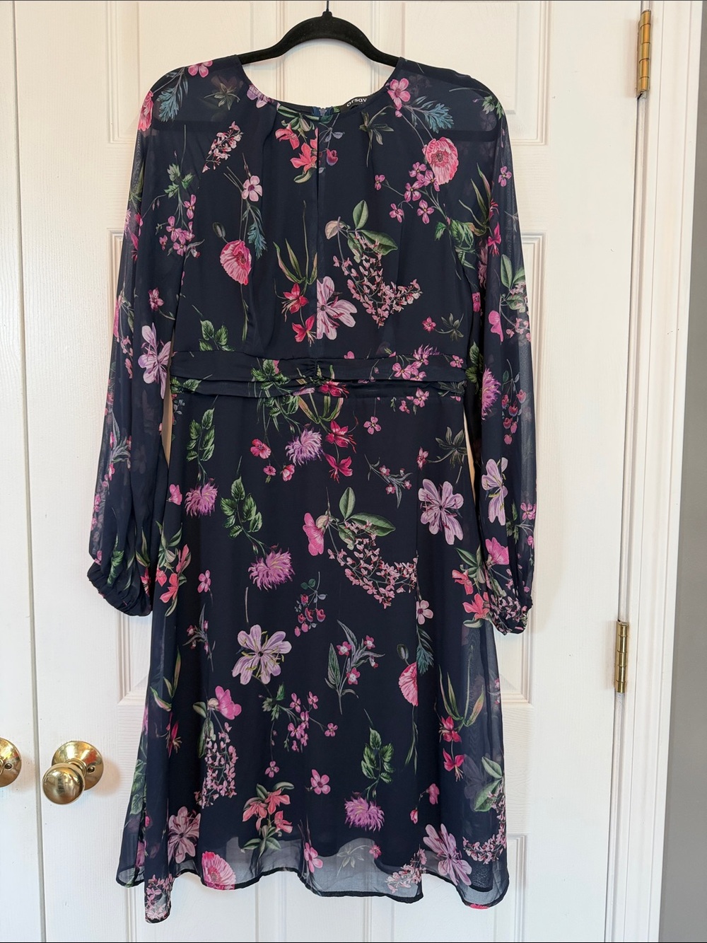 Navy Floral Long-Sleeve Dress with Pink Bloom EU Size 38/US 6
